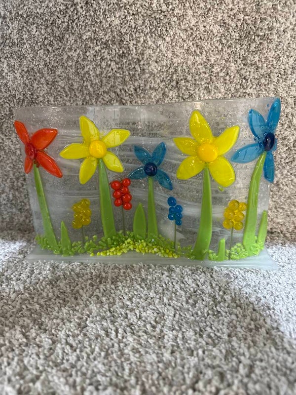 Double curved multicolored flowers