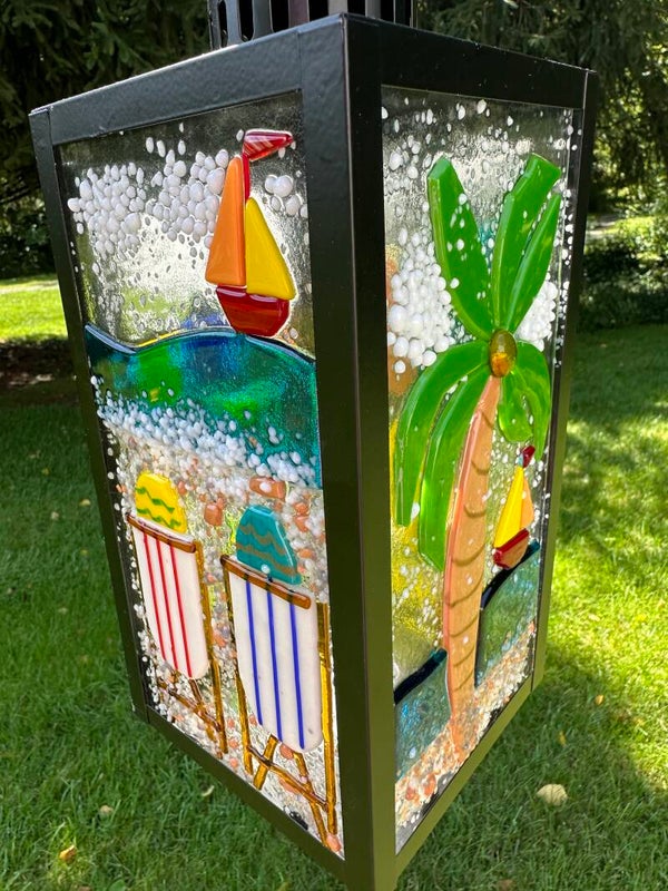 Ocean fused glass lantern