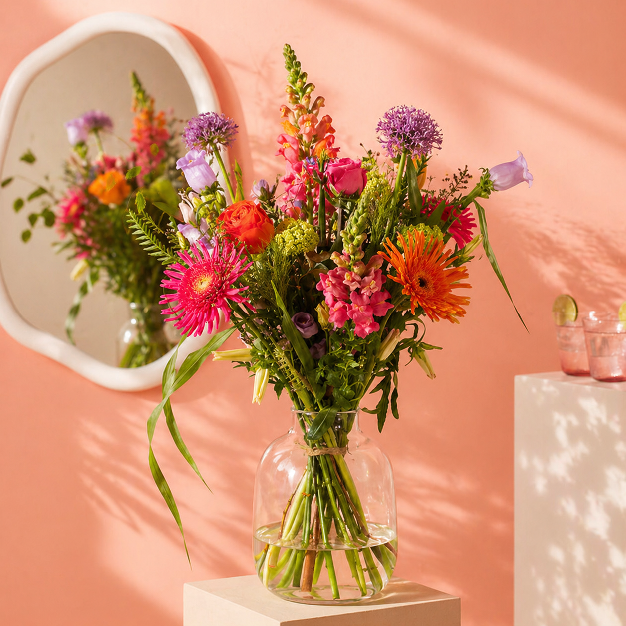 Paars, oranje en roze boeket
