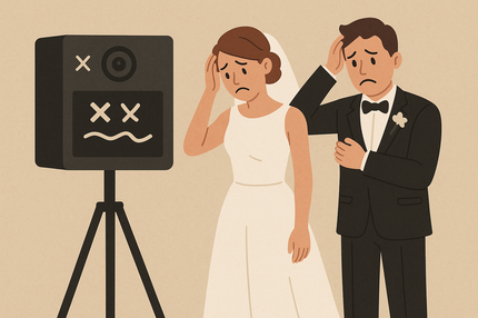 Frustriertes Hochzeitspaar vor defekter Fotobox – Symbolbild für Probleme mit Online Fotobox-Versand.