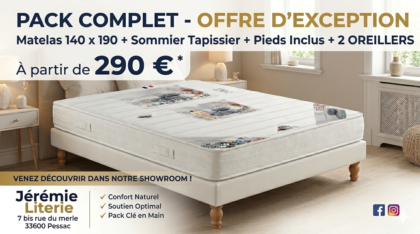 pack Matelas + Sommier + pieds + oreiller