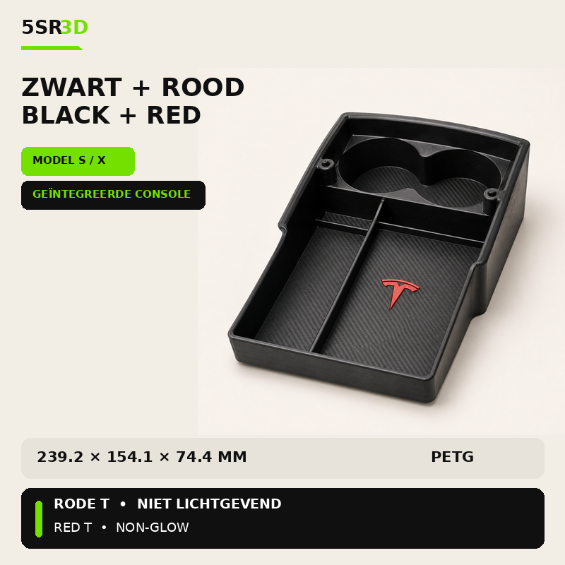 Middenconsole-organizer met dubbele bekerhouder / Center Console Organizer with Dual Cup Holder – Tesla Model S (2012–2020) / Model X (2015–2020)