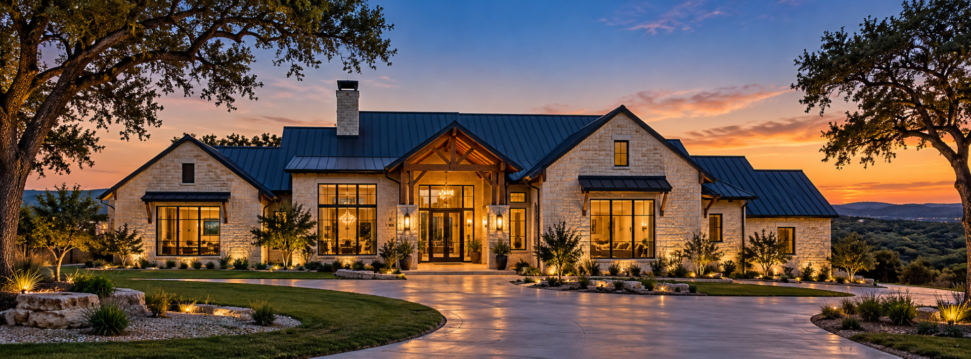Illustrative Central Texas limestone home at dusk — AI-generated architectural concept, not an MCI completed project.