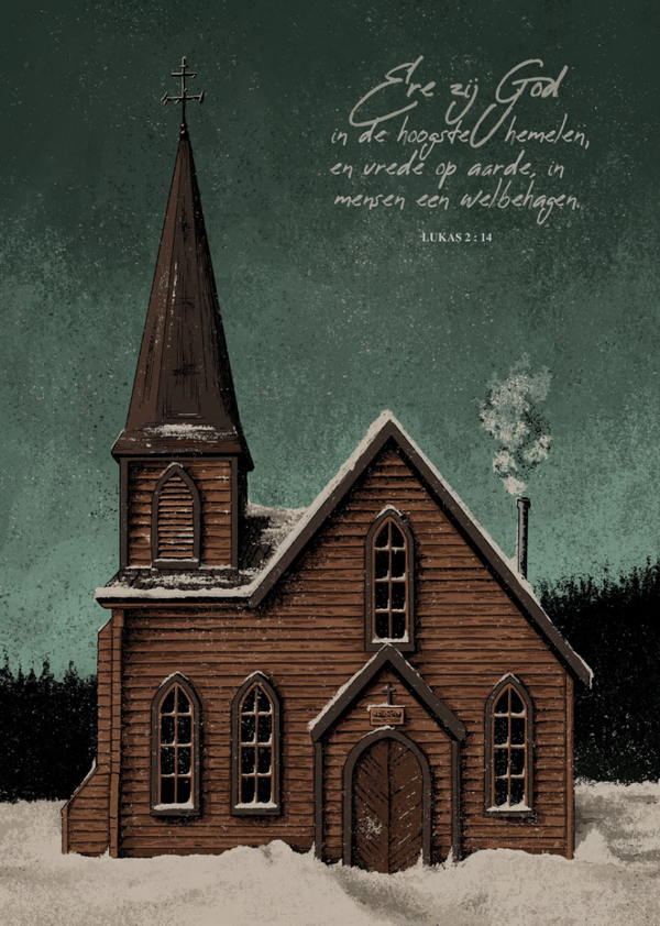 Kerstkaart - "Houten kerkje"