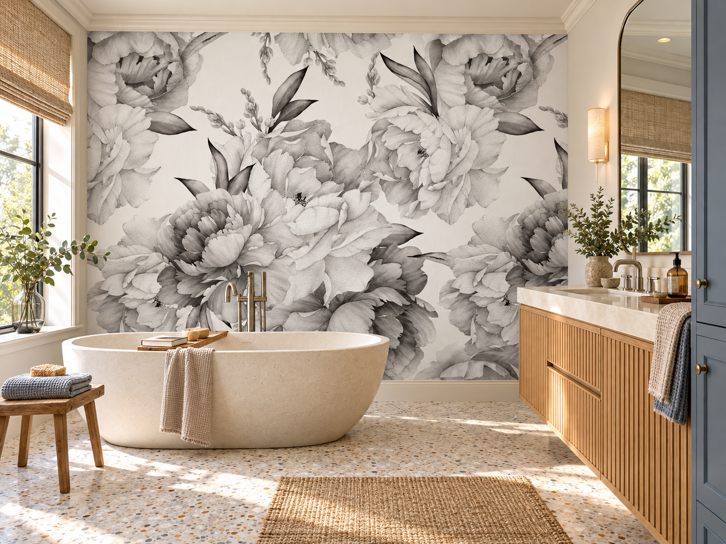 MU1040 - Pivoines à l’aquarelle (N&B) fond blanc