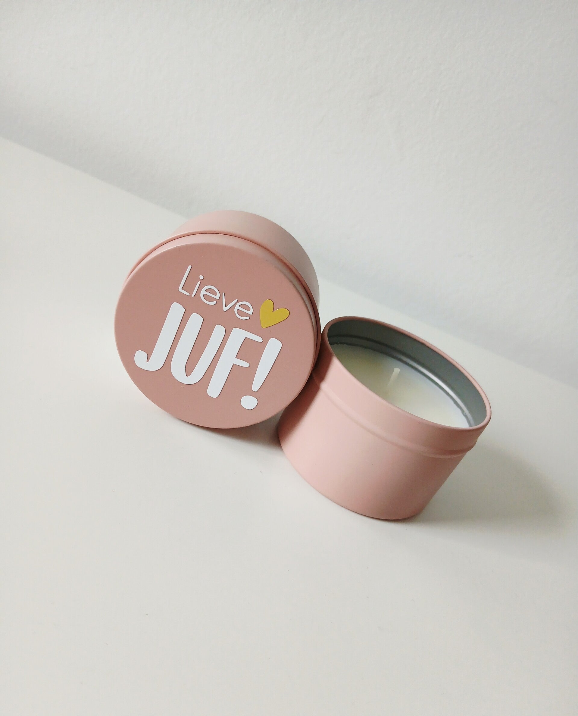 Kaarsje in blik "Lieve juf!"