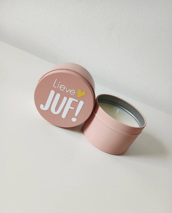 Kaarsje in blik "Lieve juf!"