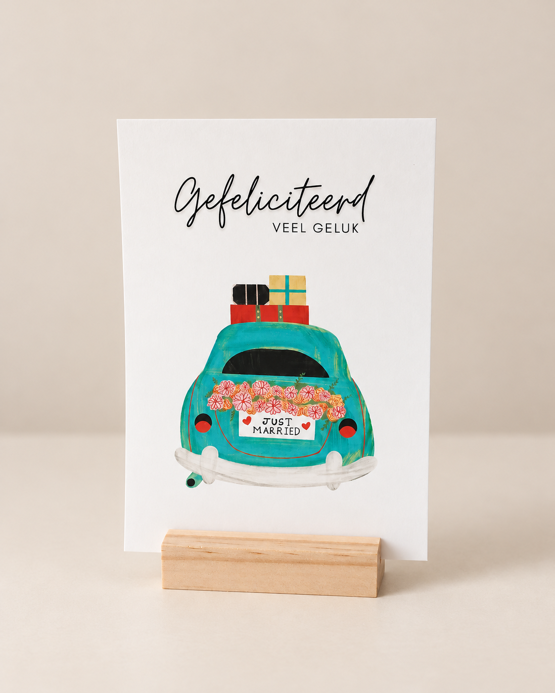 Wenskaart Gefeliciteerd Veel geluk – Trouwauto Just Married