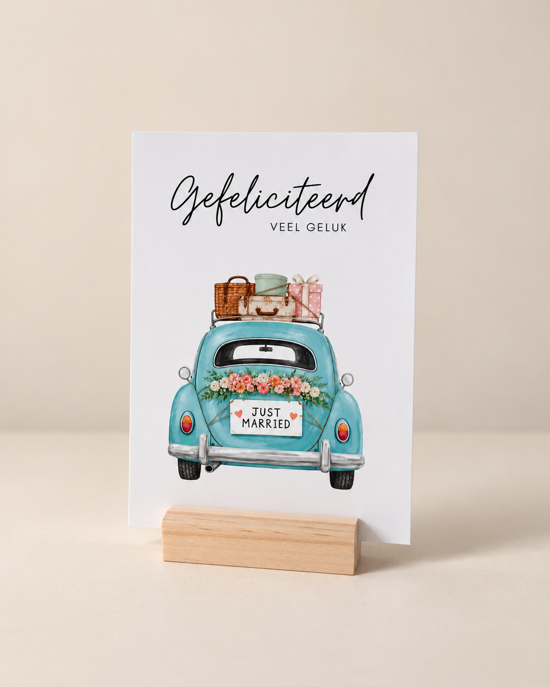 Wenskaart Gefeliciteerd – Trouwauto Just Married