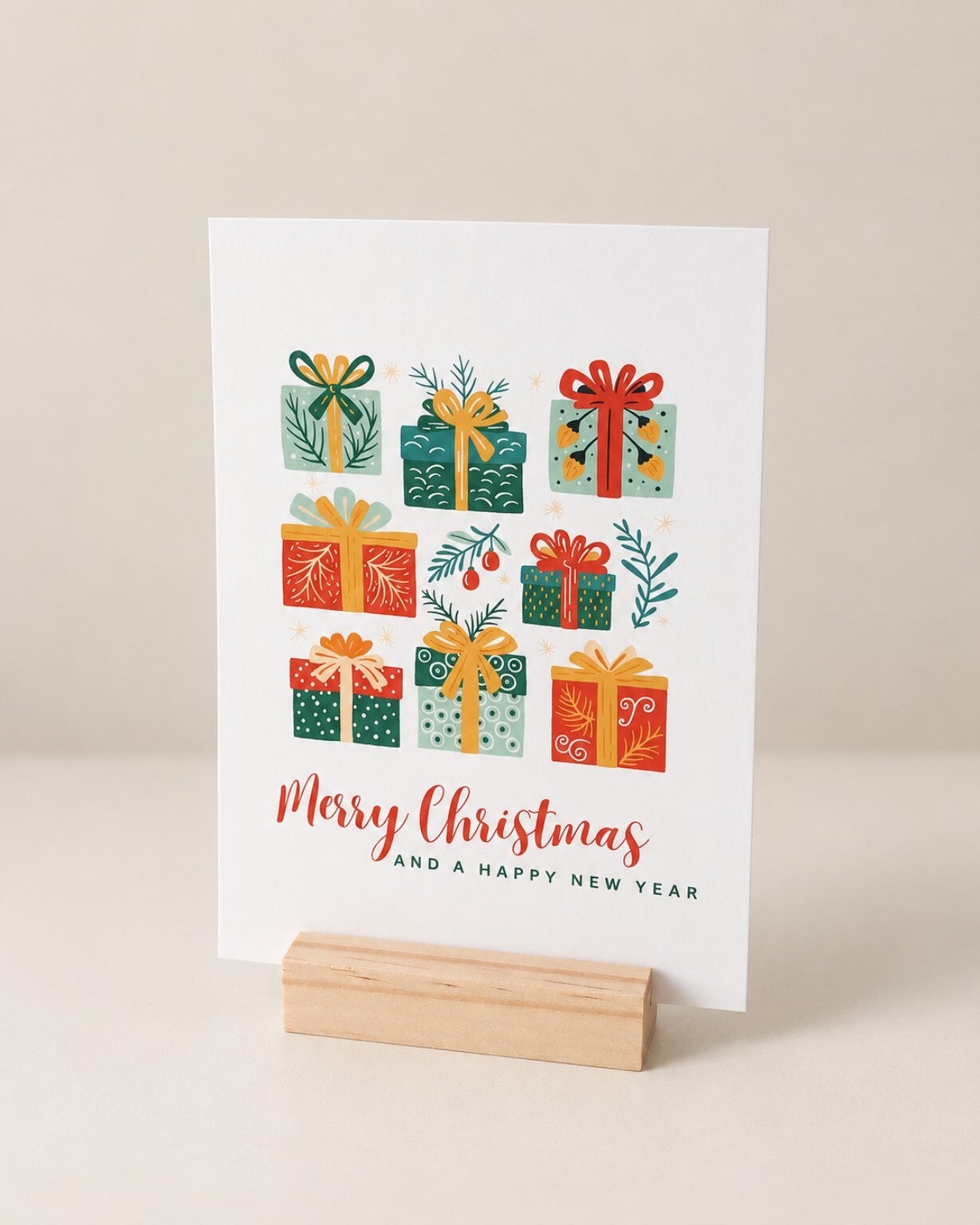 Kerstkaart – Merry Christmas met kleurrijke cadeautjes