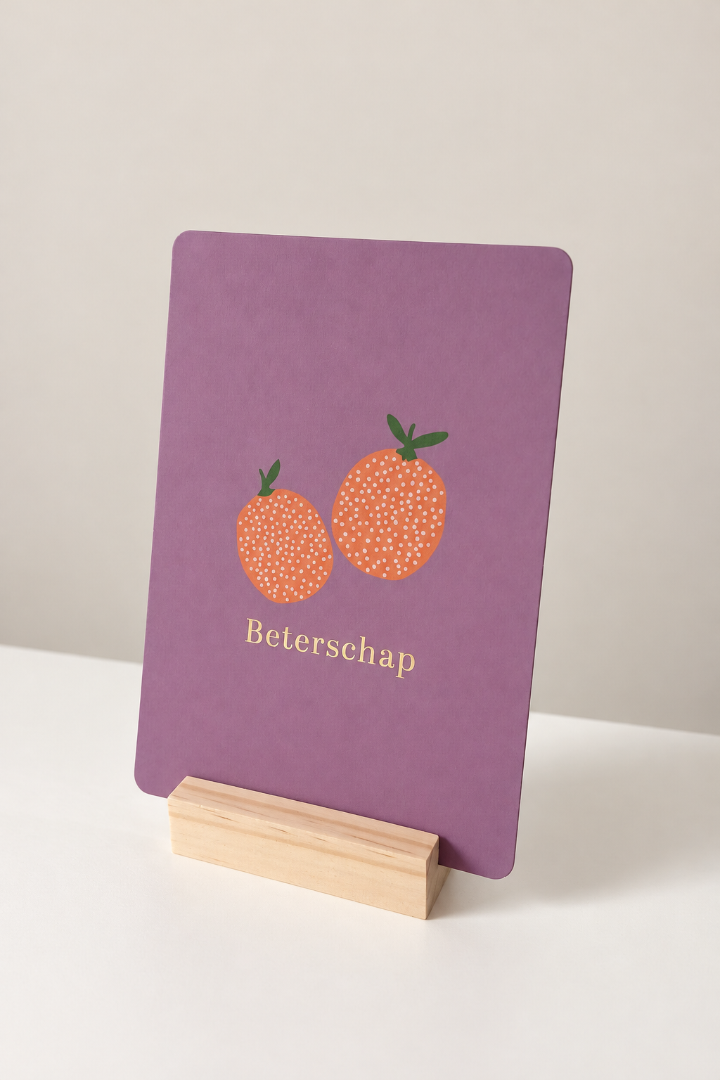 Wenskaart Beterschap – Paarse kaart met sinaasappels