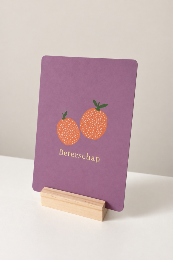 Wenskaart Beterschap – Paarse kaart met sinaasappels