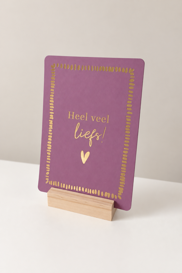 Wenskaart Heel veel liefs – Paars met goud