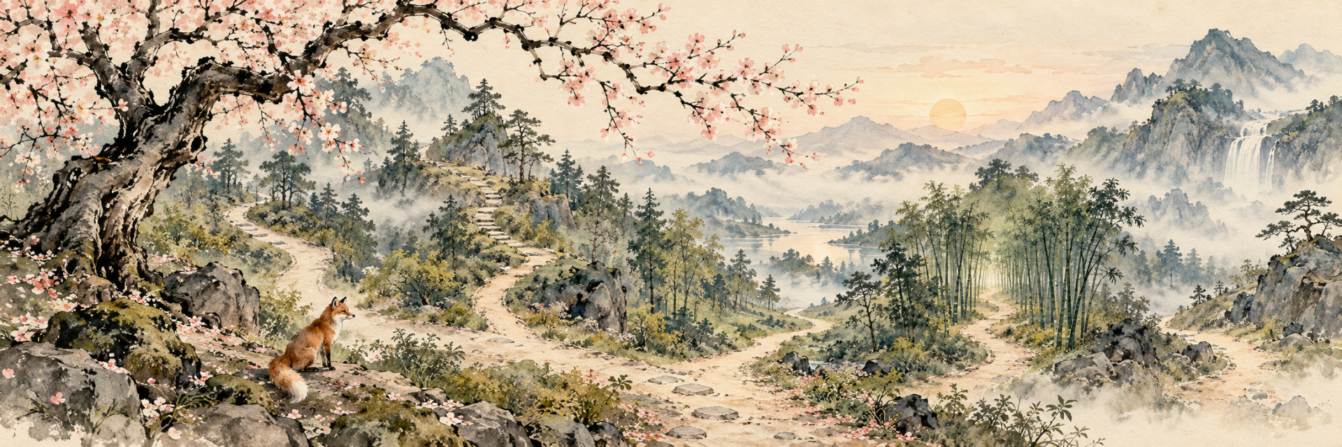 Paysage japonais avec cinq chemins et le Renard