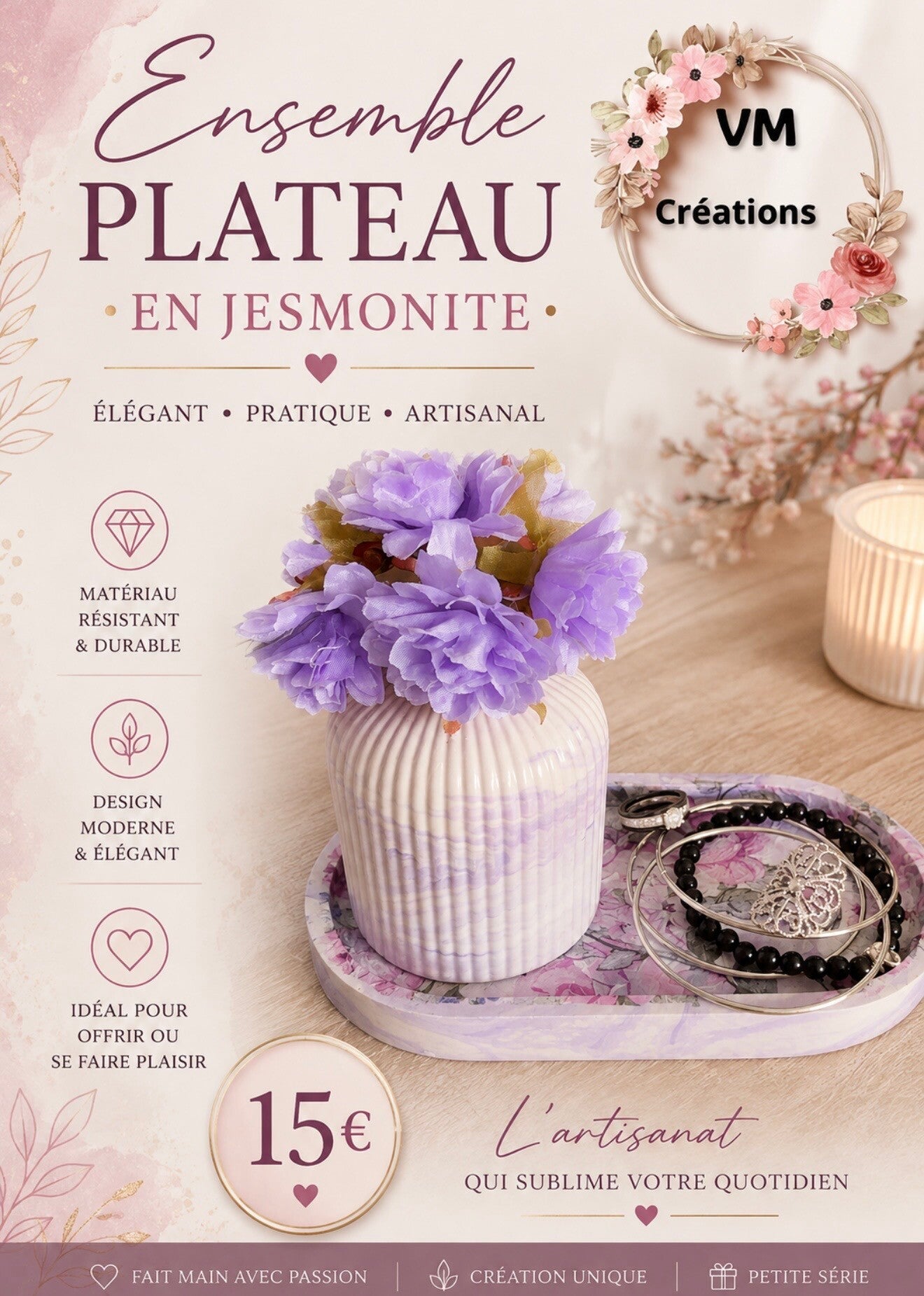 Ensemble plateau vase fleurs séchées  violette