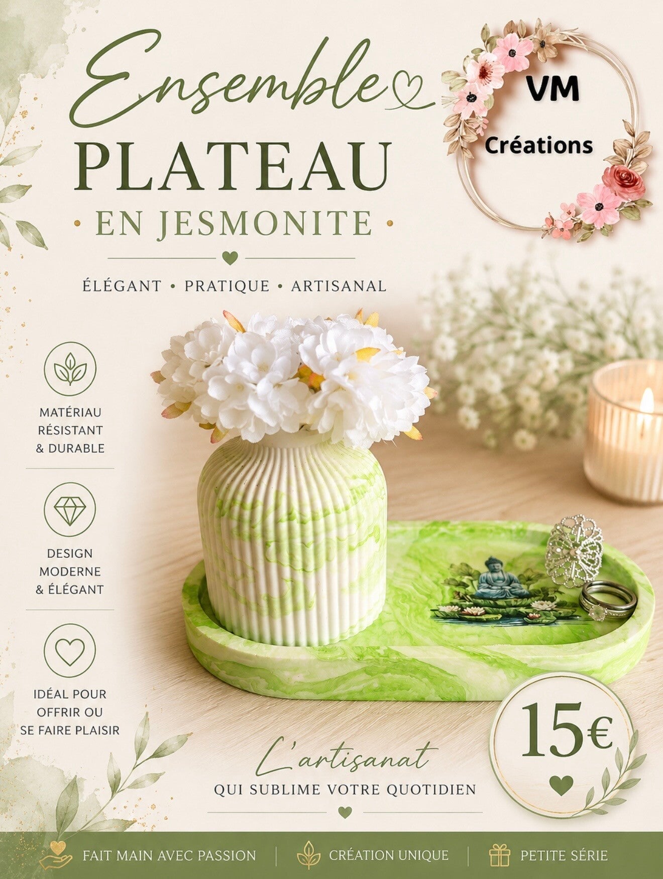 Ensemble plateau vase fleurs séchées bouddha vert