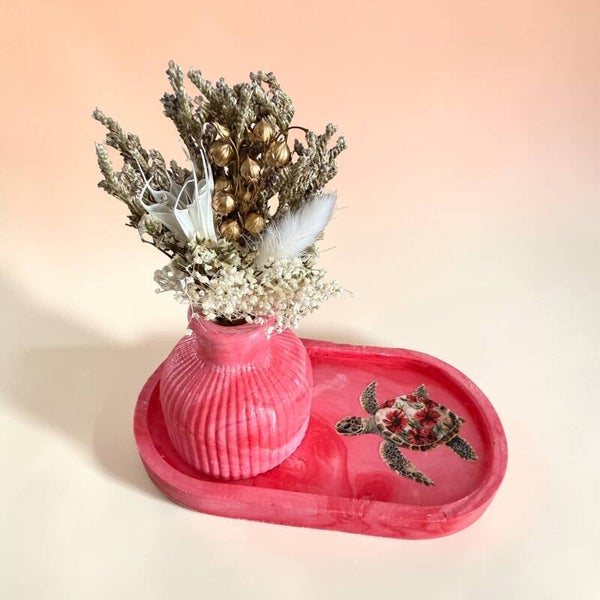 Ensemble plateau et vase tortue rouge rosé