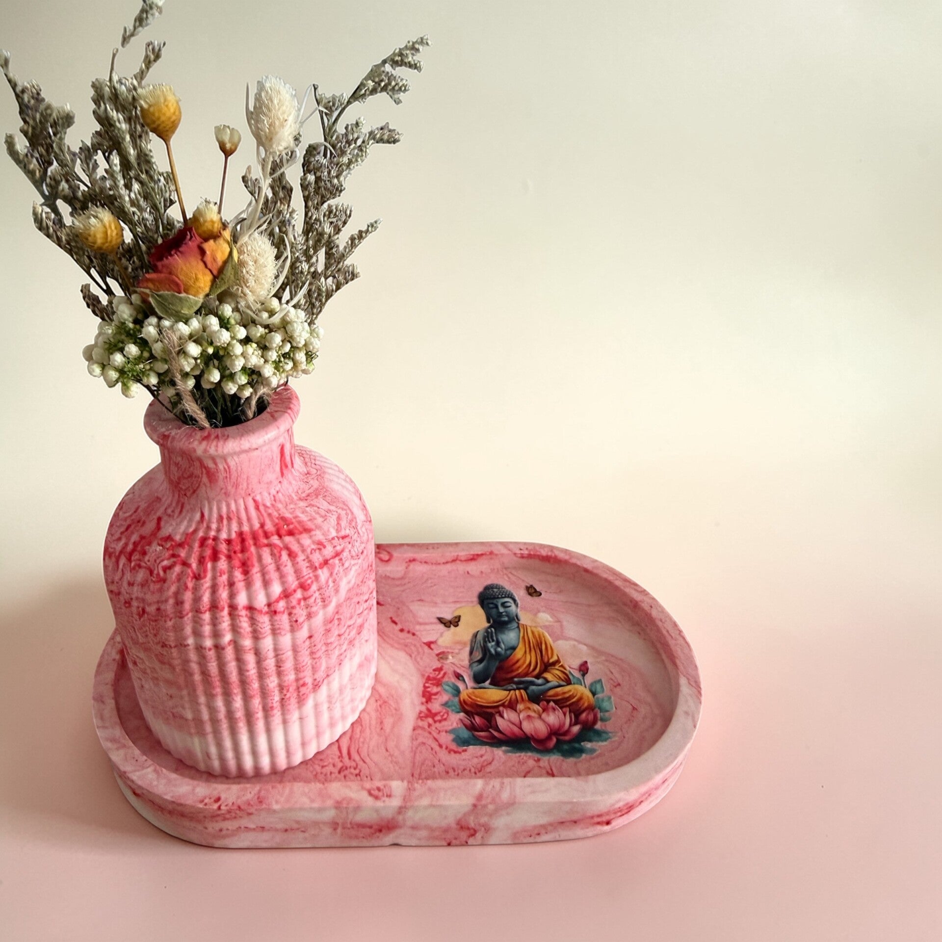 Ensemble plateau vase fleurs séchées bouddha rouge rosé