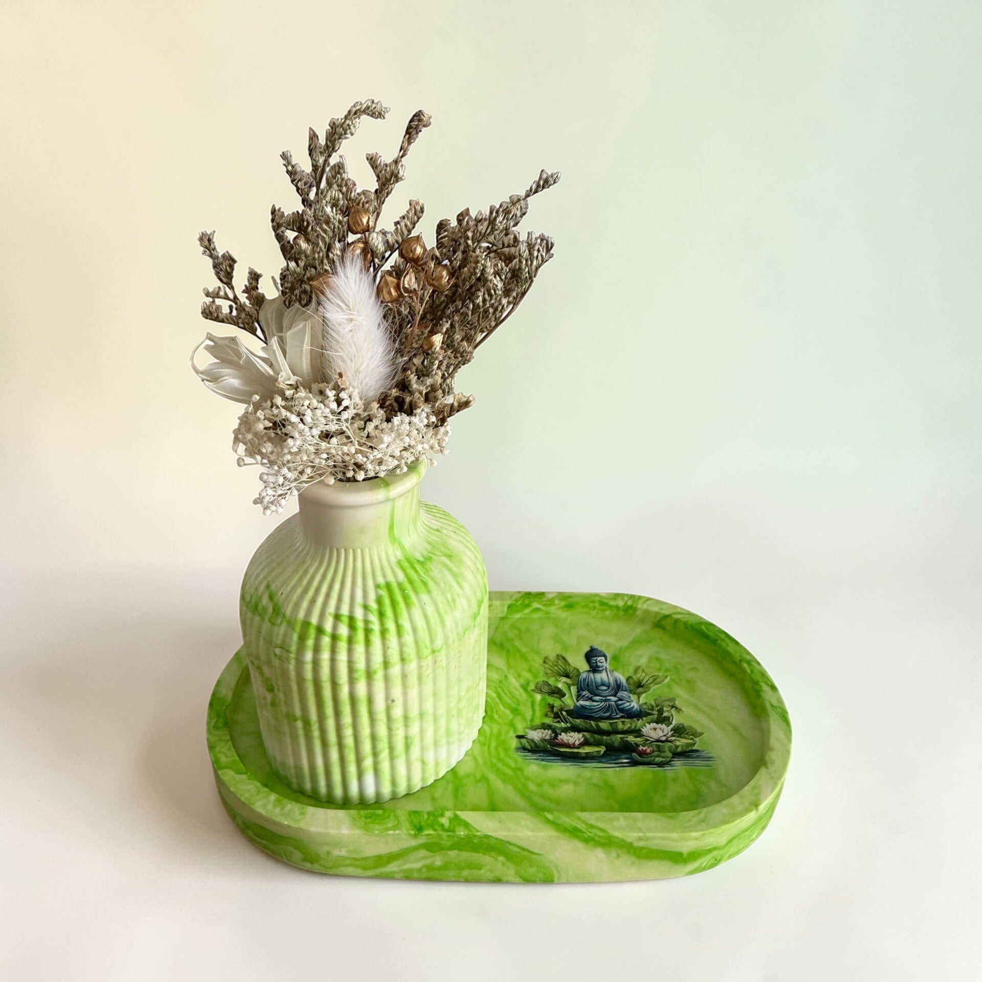 Ensemble plateau vase fleurs séchées bouddha vert