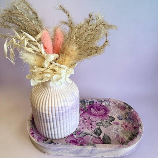 Ensemble plateau vase fleurs séchées  violette