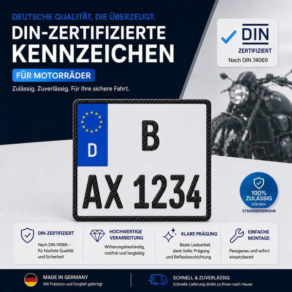 1x Kennzeichen/Nummernschild Motorrad 180x200mm Carbon Schrift