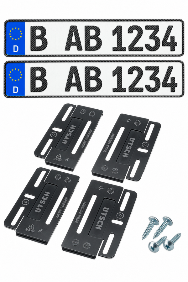 2x Kennzeichen 520x110mm carbon Schrift PLUS 2x Kennzeichenhalter simple fix