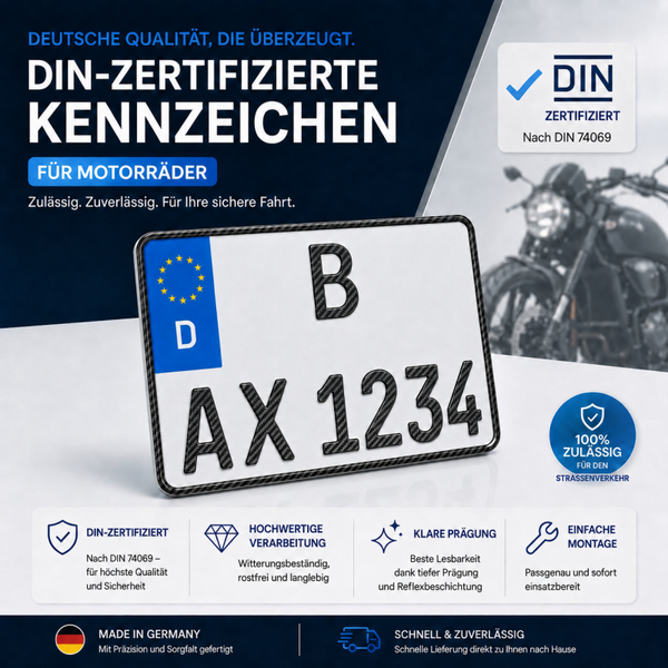 1x Kennzeichen Motorrad 180x200mm Carbon Schrift