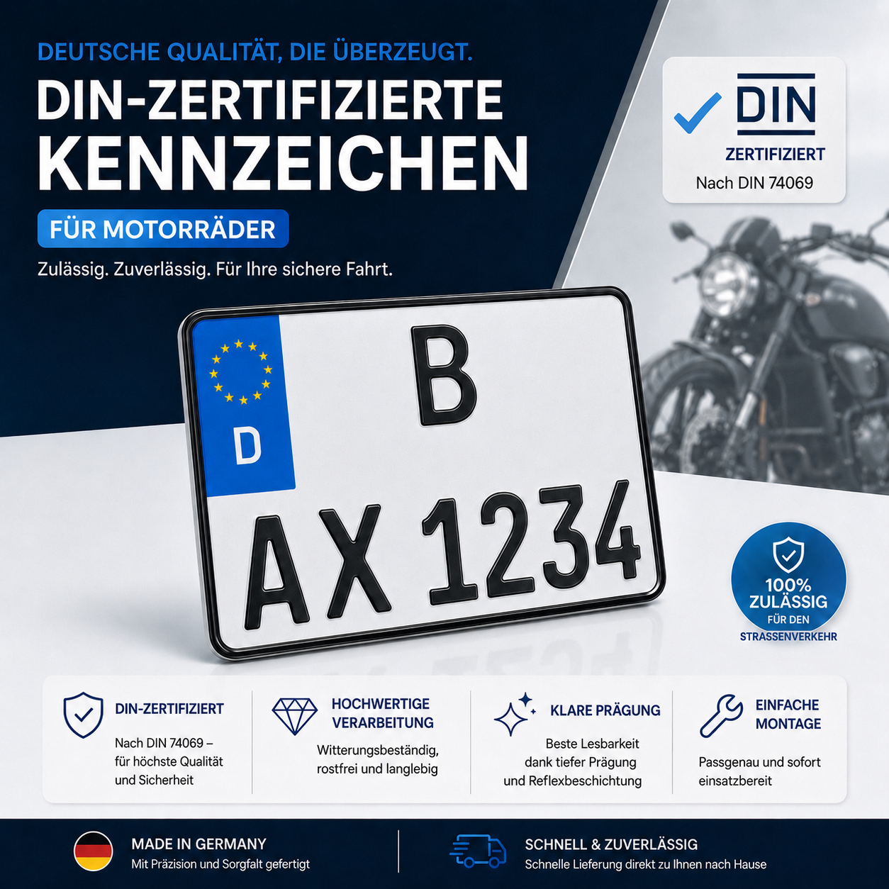 1x Kennzeichen Motorrad 180x200mm schwarze Schrift