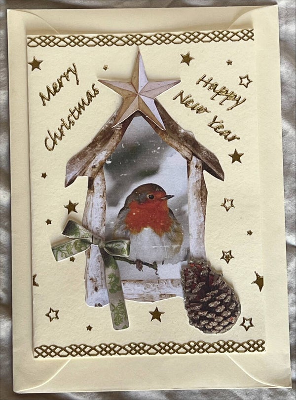 Carte de Vœux Merry Christmas and Happy New Year Rouge gorge