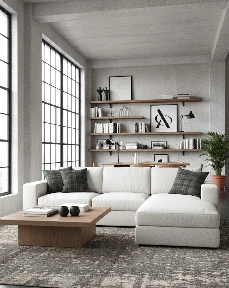 Salon spacieux de style loft avec un grand canapé blanc, une bibliothèque murale en bois et des coussins décoratifs sombres. Créatrice Gironde