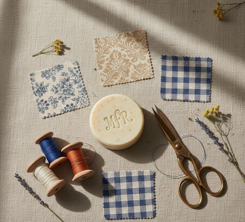 Sélection de textiles anciens et tissus upcyclés pour la création d'accessoires de décoration artisanaux.