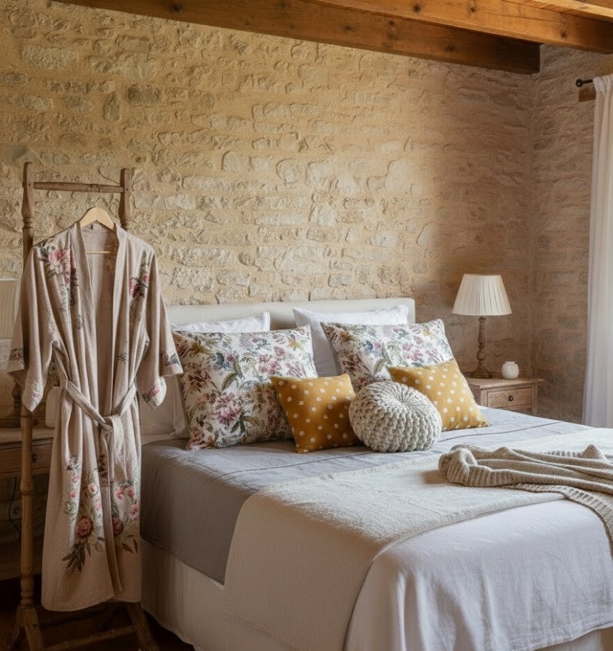 Décoration de chambre et dressing My French Room : linge de lit artisanal, kimonos élégants et bijoux de créatrices dans une ambiance boudoir au style français.