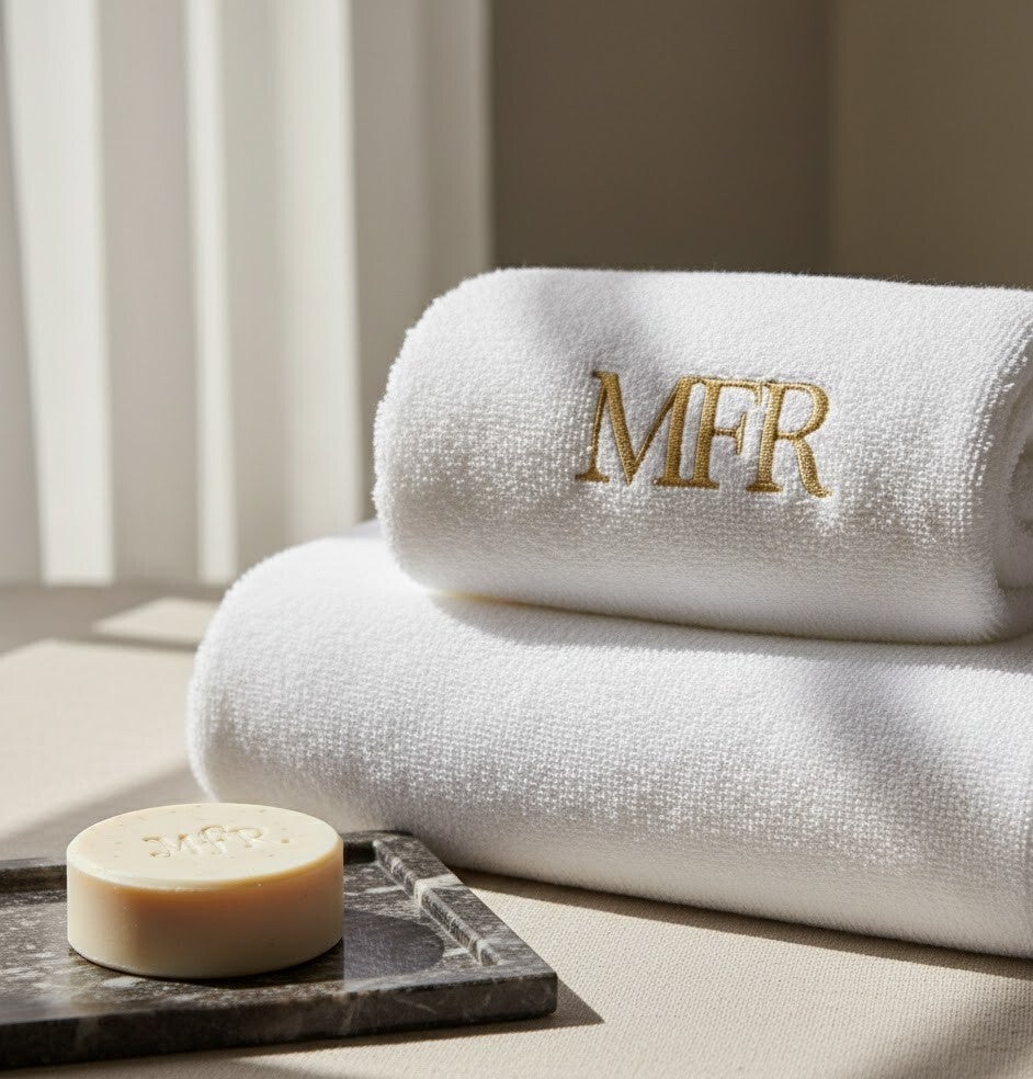 Pile de serviettes de bain blanches haut de gamme avec broderie dorée personnalisée MFR sur un plateau en marbre, ambiance hôtellerie de luxe.