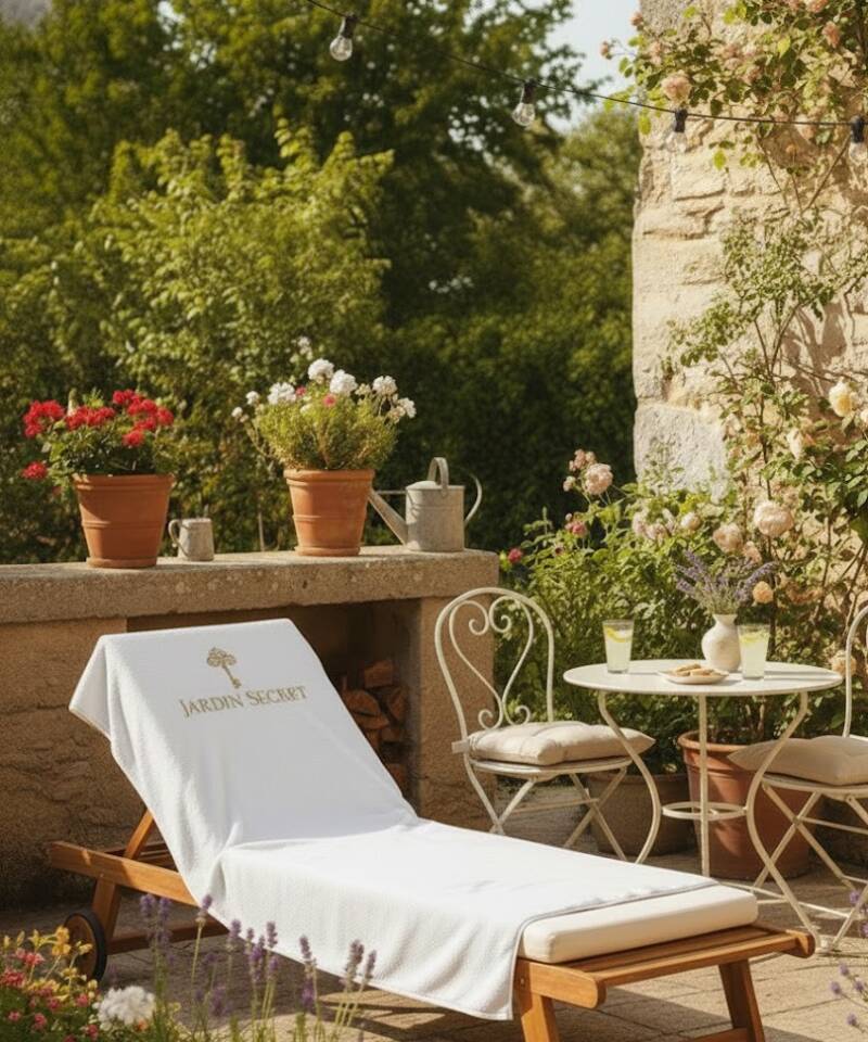 Ambiance terrasse et jardin avec mobilier de jardin ancien, linge extérieur et décoration de charme.