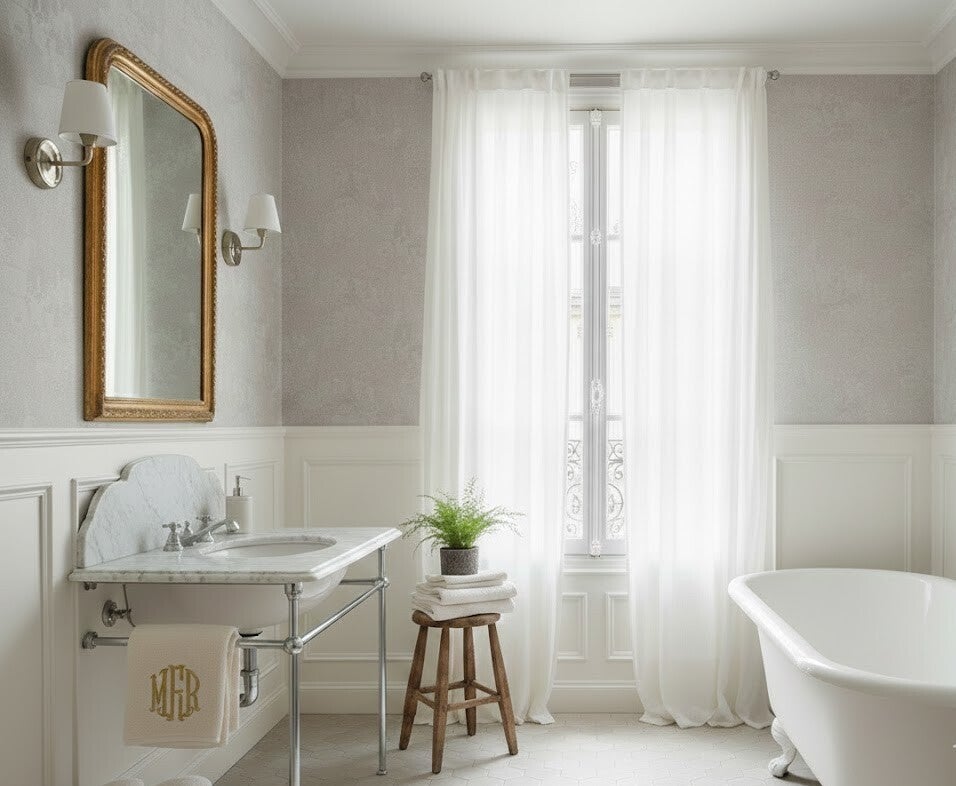 Salle de bain élégante et lumineuse mettant en avant une serviette de toilette personnalisée avec la broderie monogramme dorée My French Room.