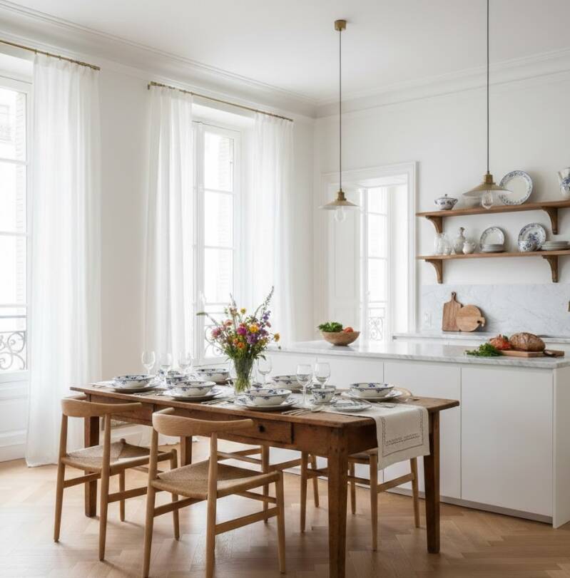 Art de la table à la française, vaisselle ancienne sélectionnée et accessoires de cuisine de brocante.