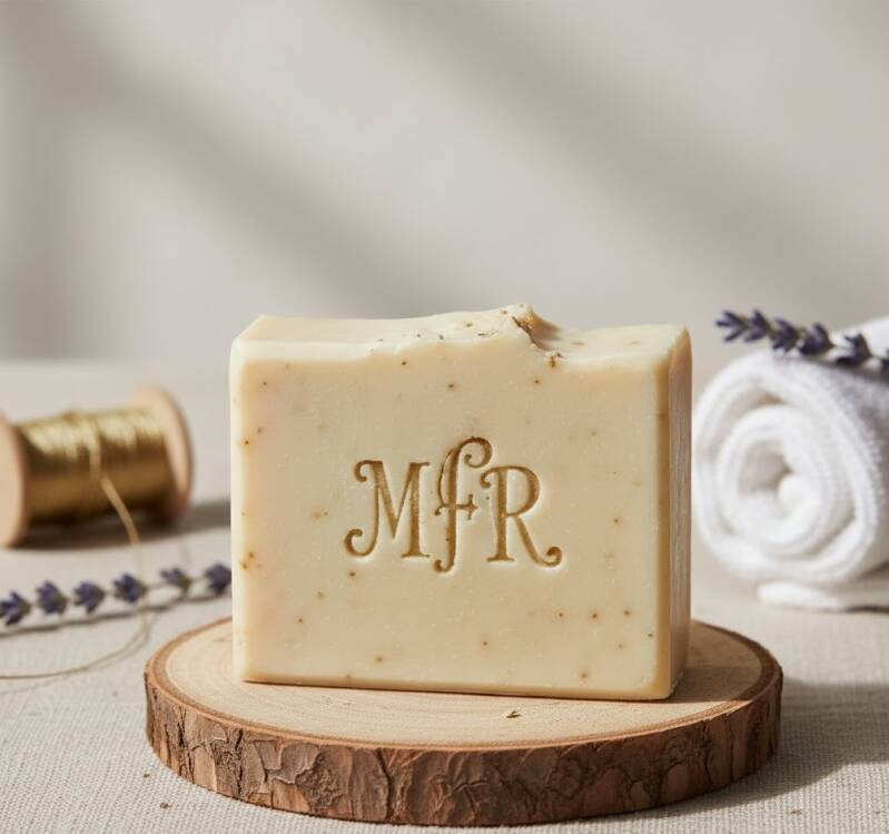 Savon artisanal personnalisé avec le logo MFR pour conciergeries et maisons d'hôtes de charme.
