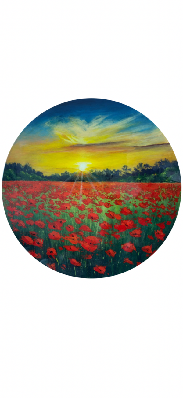 Coucher de soleil sur champ de coquelicots