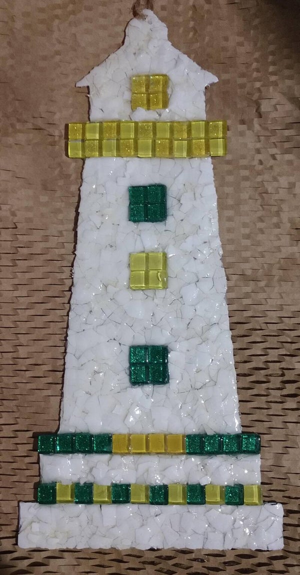 Lighthouse white with yellow and green tiles