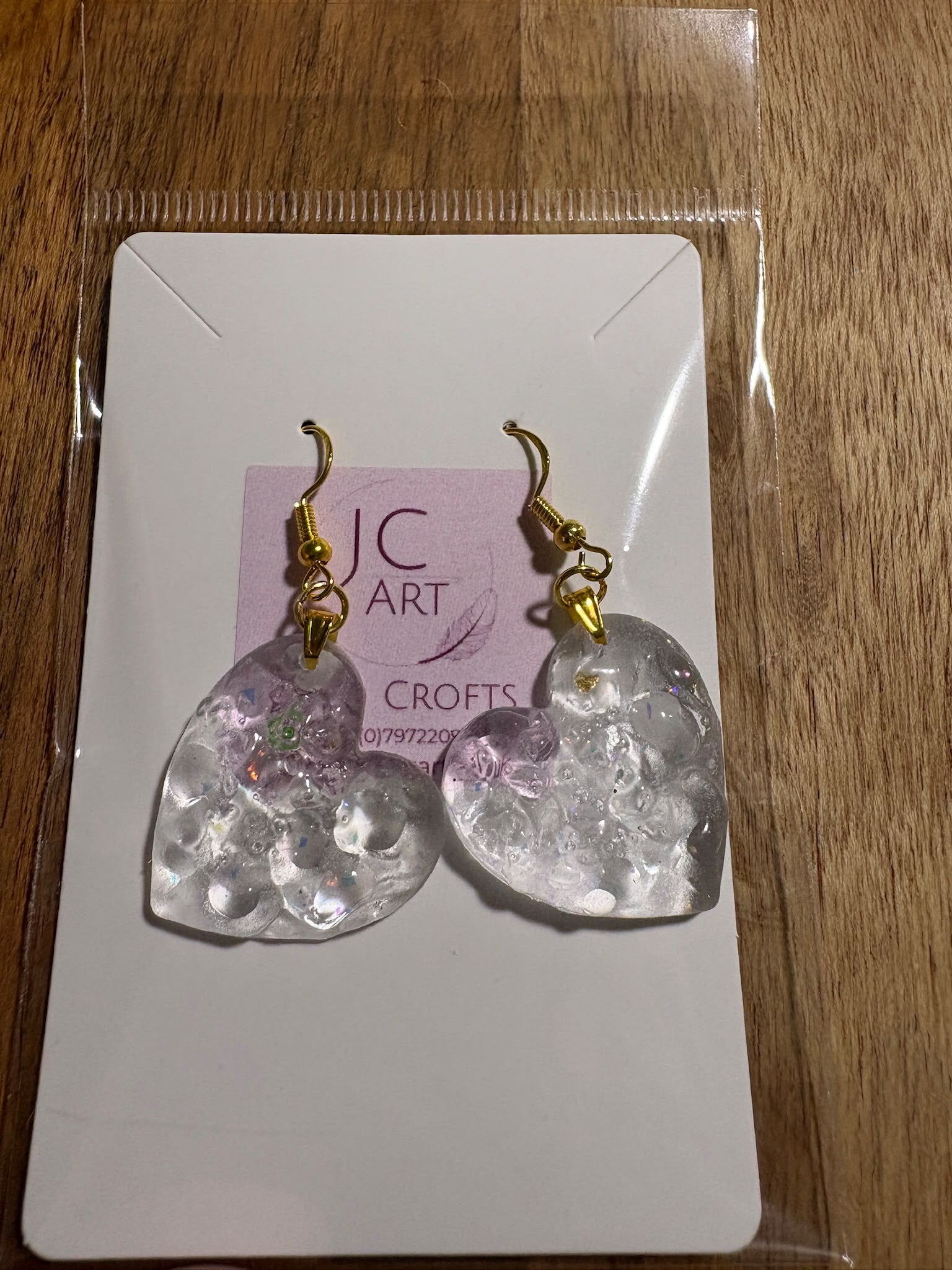 Textured heart earrings - transparent shimmer