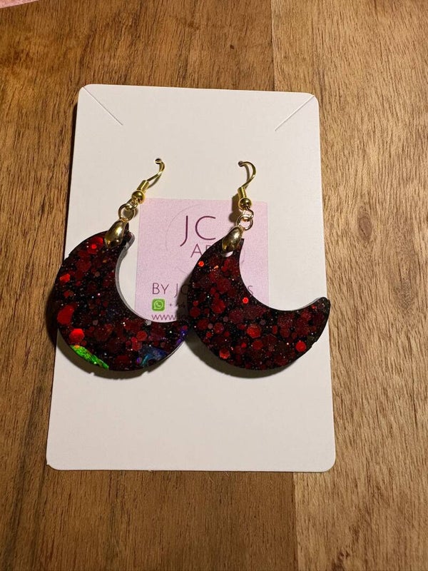 Holographic moon earrings - black and red glitter