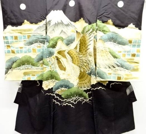 Handgemaakte zijden kimono jongen 'Arend bij Mount Fuji' nw
