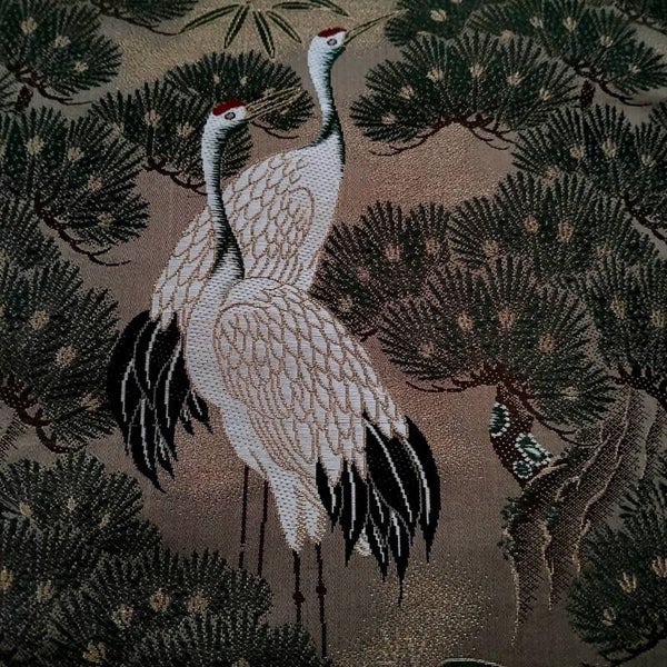 Antieke zijden obi coupon kraanvogels 75x65cm tot 3,75m