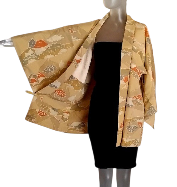 Haori in soepele zijde met bedrukt huisjesmotief