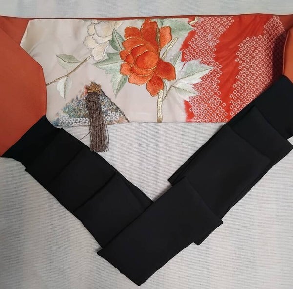 Natuurzijden strikobi band shibori patchwork met tassel 270cm