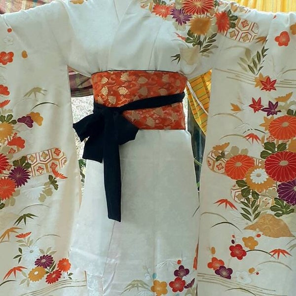 Kinran buddhisten goudbrokaat zijden obi-belt 260cm 'waaiers'