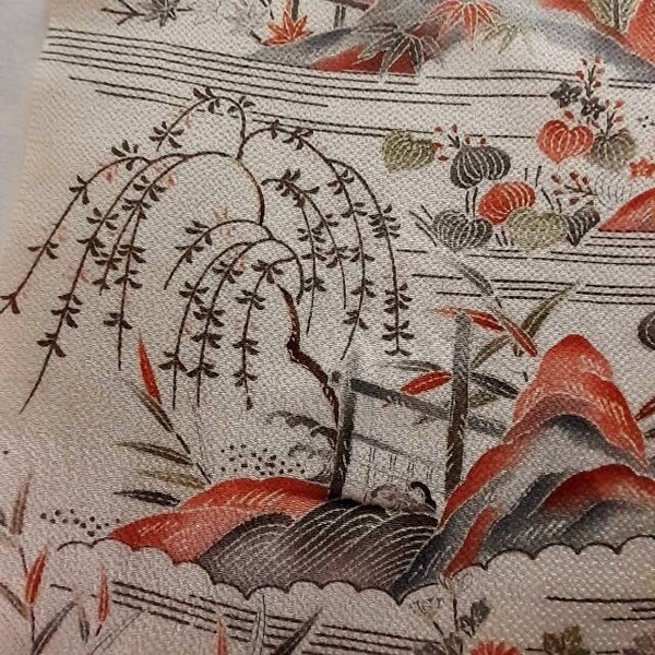 Antieke chirimen kimonozijde v.a. 50x35cm riviertjes huisjes