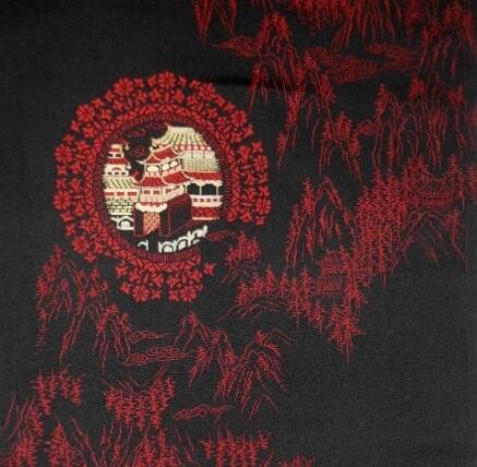 Zwarte kimonozijde met geweven Japanse tempel 160x35cm