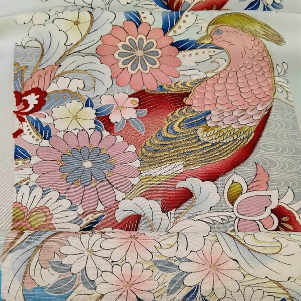 Antieke kimonozijde 'Vogel' handgeborduurd 120x35cm