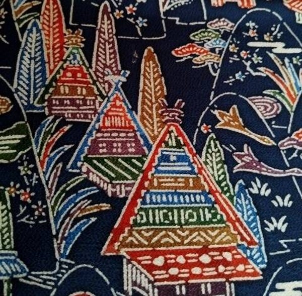 Indigo blauwe kimonozijde 'huisjes in natuur' vanaf 45x35cm